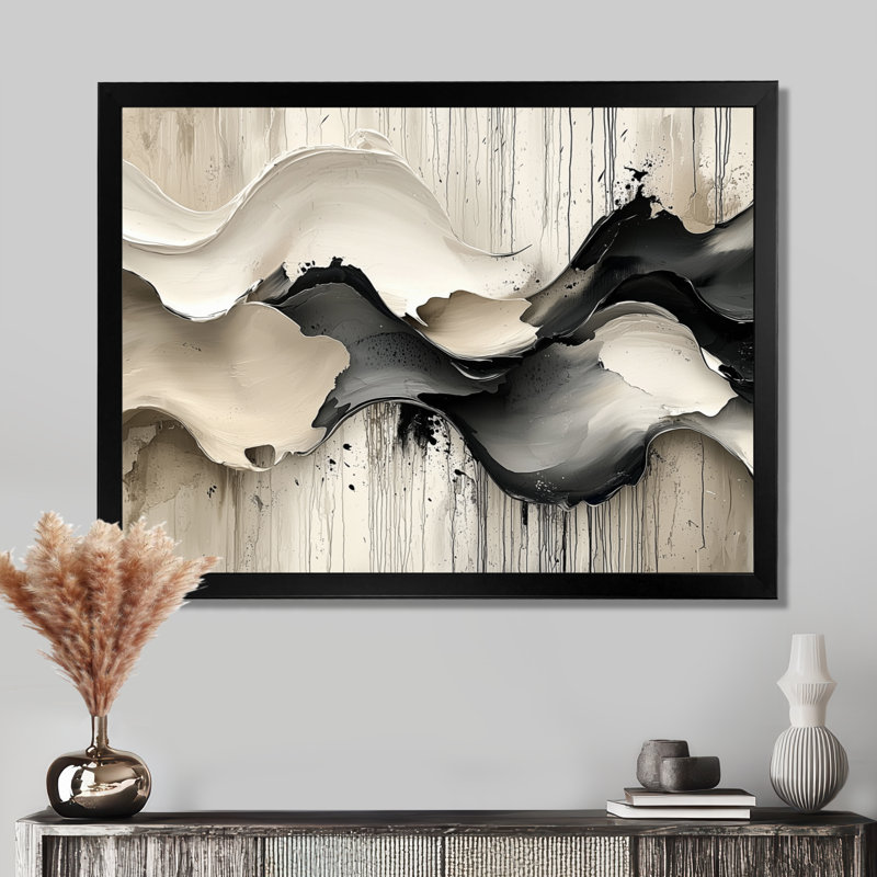 Gris sur fond blanc l'encre rythmique de la rivière Ink II - vagues modernes abstraites, H 16 po x l 32 po, Cadre simple noir