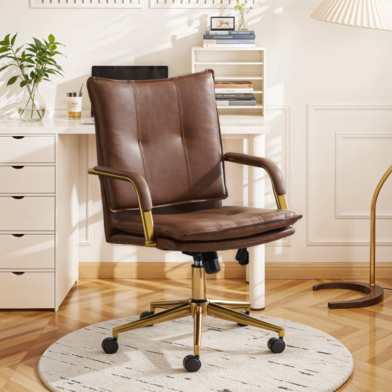 23.2''W Adjustable High Luxury Faux Leather Brown Office Chair with Padded Arms and Swivel Upholstered Seat, Brown