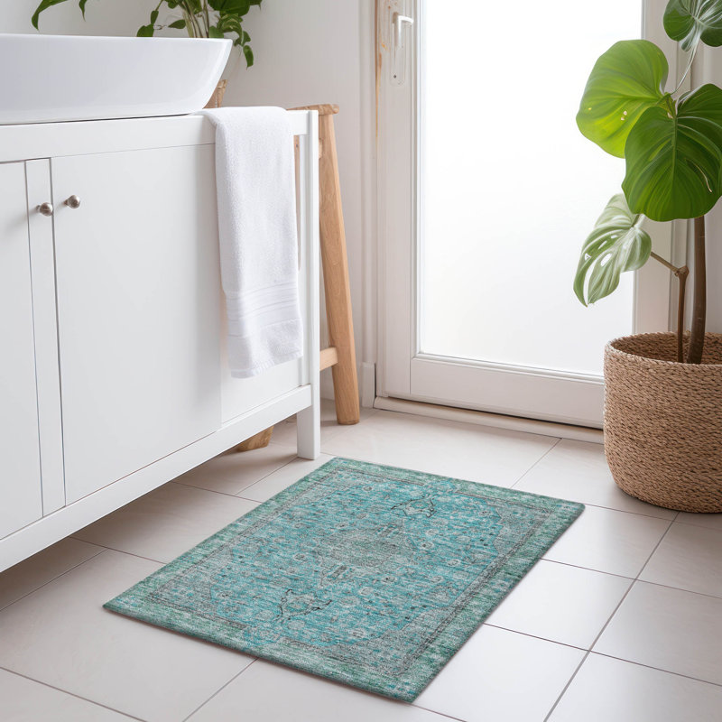 Tapis turquoise intérieur / extérieur lavable à la machine Claudian ACN1651, Rectangle 1 pi 8 po x 2 pi 6 po