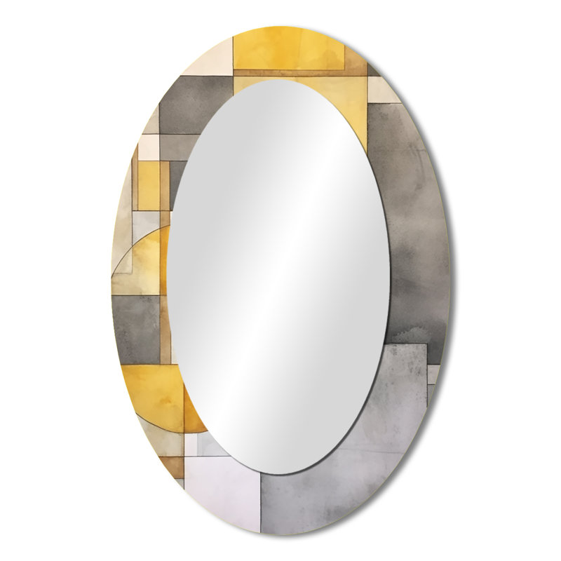 Yellow And Grey Intersecting Realities I - Abstract Oval Decorative Mirror On Metal, 36" x 24"
