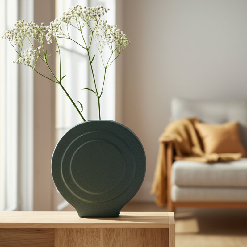 Vase moderne, grès et dolomite, conception ronde sculpturale, Bleu sarcelle