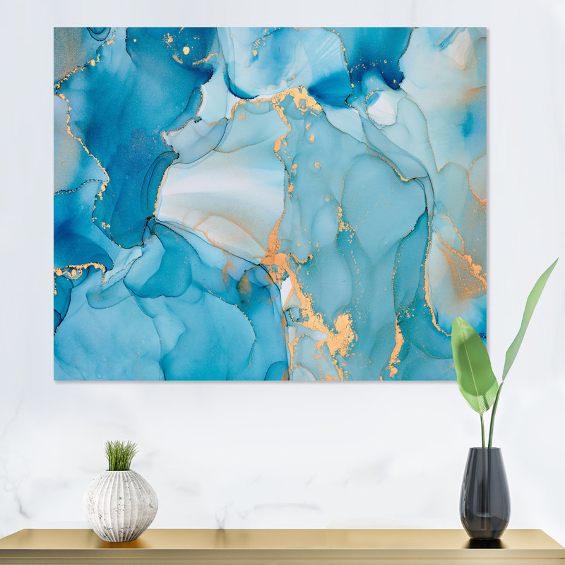 «Blue and Gold Luxury Abstract Fluid Art III», reproduction d'art sur toile moderne, H 30 po x l 40 po, Toile tendue