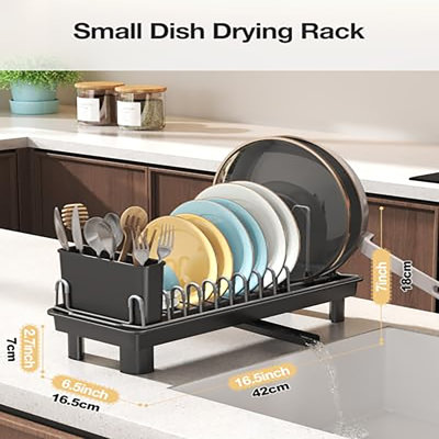 Small Dish Drying Rack with Drainboard, Compact for Kitchen Counter, Black