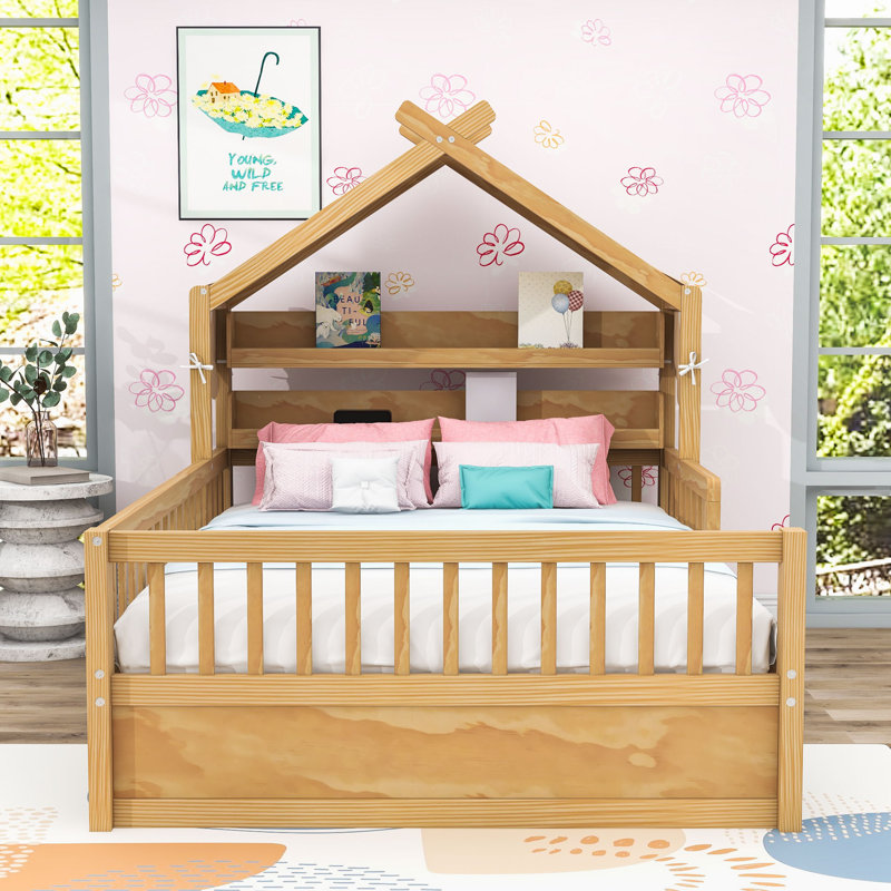 Lit maison en bois avec tablette de rangement, auvent amovible et garde-corps, Lit double, Naturel