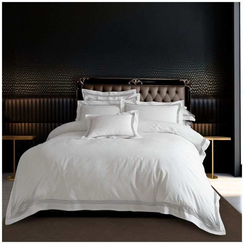 Cotton Blend Duvet Cover with Pillowcases, White/Grey, Double Duvet Cover + 2 Standard Shams