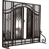 Two-Door Fireplace Screen with Tempered Glass Floral Panels