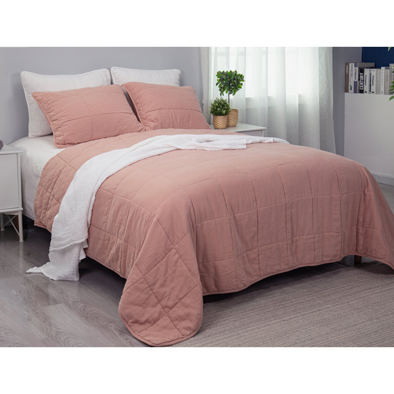 Stone Washed Linen Blend Box Stitch Quilt and Pillow Shams Set, Pink, King Quilt + 2 Shams