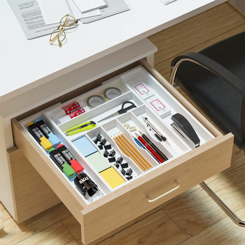 Expandable Bamboo Drawer Organizer For Cosmetics & Utensils - Durable & Versatile Storage Solution, White