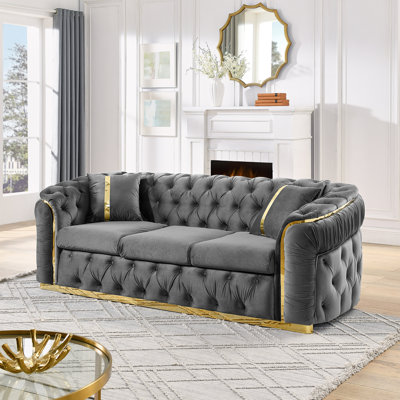 90.6 Inches Velvet Button Tufted Sofa Couch With 2 Pillows, 3 Seater Chesterfield Sofa Set