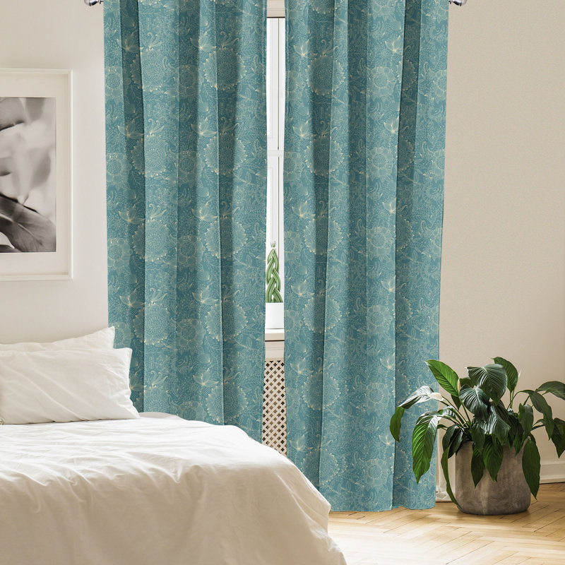 East Urban Home Garden 4-Panel Curtains, Nostalgic Floral Art, Teal and Ivory, 56" W x 63" L