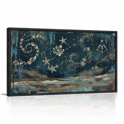 Starfish Shells and Coral Constellation Map on Navy Blue Canvas Wall Art