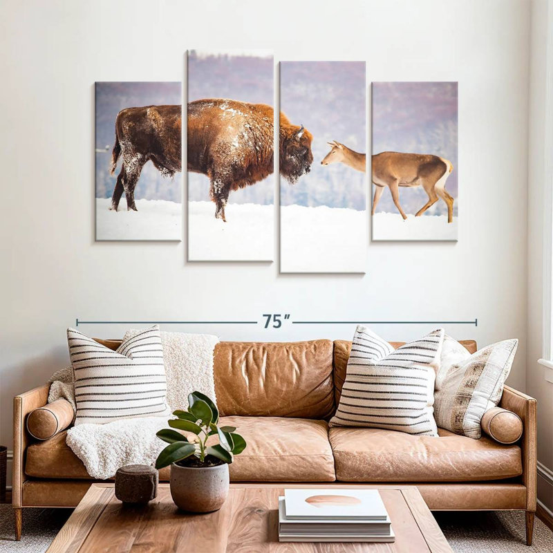 Bison et cerf en hiver, H 42 po x l 68 po