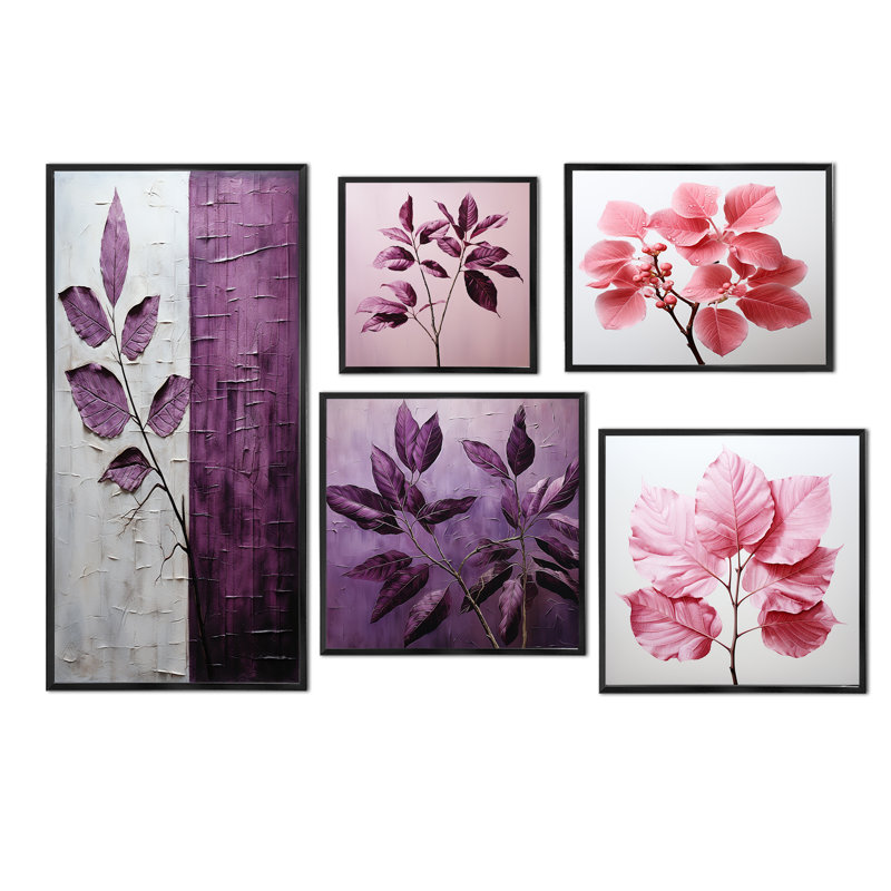 Mauve, feuilles, prune, précision, ensemble de 5 impressions sur feuilles, Cadre flottant noir