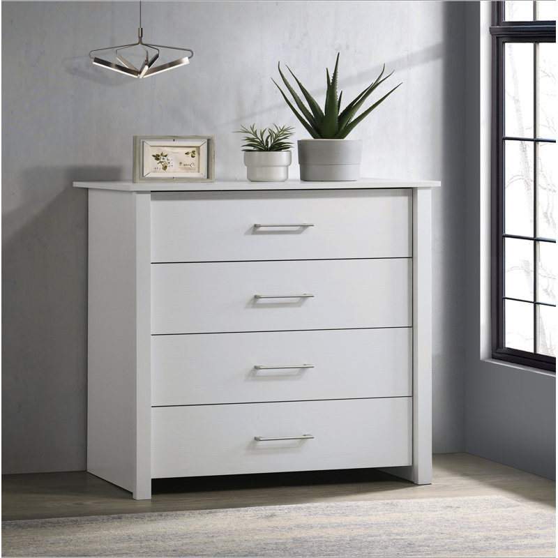 Commode blanche à 4 tiroirs avec poignées argentées Celeste, Blanc