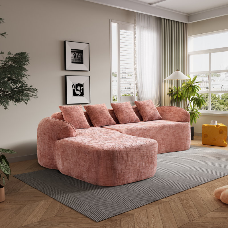 Canapé modulaire en forme de L sans accoudoirs en chenille avec accoudoirs courbés et 4 coussins en chenille, Chenille rose