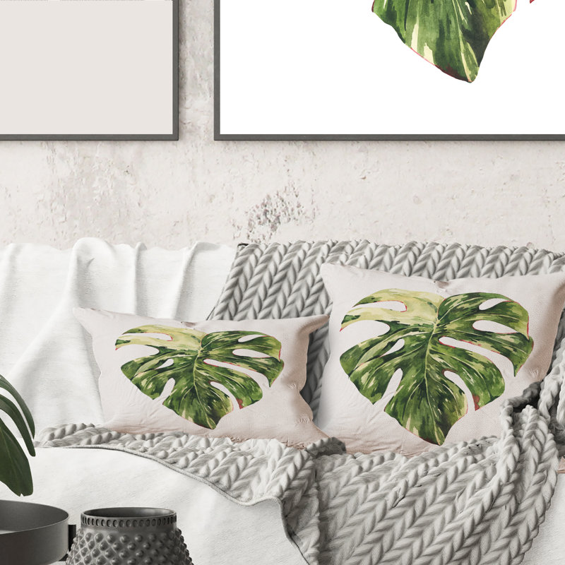 Carré, feuilles vertes tropicales en été III - Coussin décoratif imprimé tropical, 18" x 18"