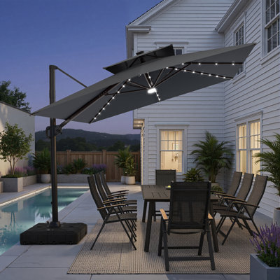  12' X 9' Rectangular Patio Cantilever Solar Led Light Umbrella with Weighted Base