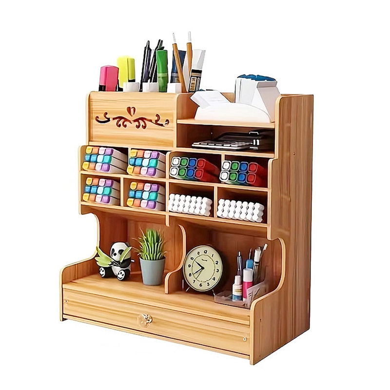 Wooden Office Desk Pen Pencil Holder Storage Organizer Tidy Shelf With Drawer