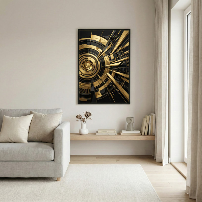 Motif géométrique abstrait doré et noir sur toile tendue, ensemble de 1 reproduction d'art sur toile, H 24 po x l 16 po