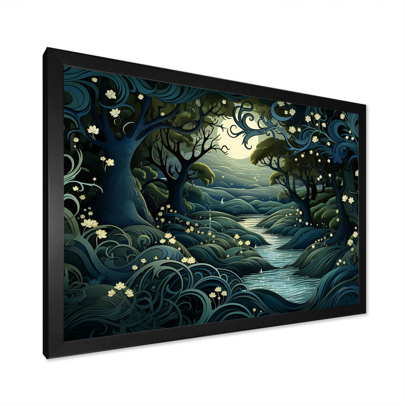 «Jungle River Collage At Night 2», art mural Jungle, Cadre d'angle fermé noir, H 16 po x l 32 po x P 1 po