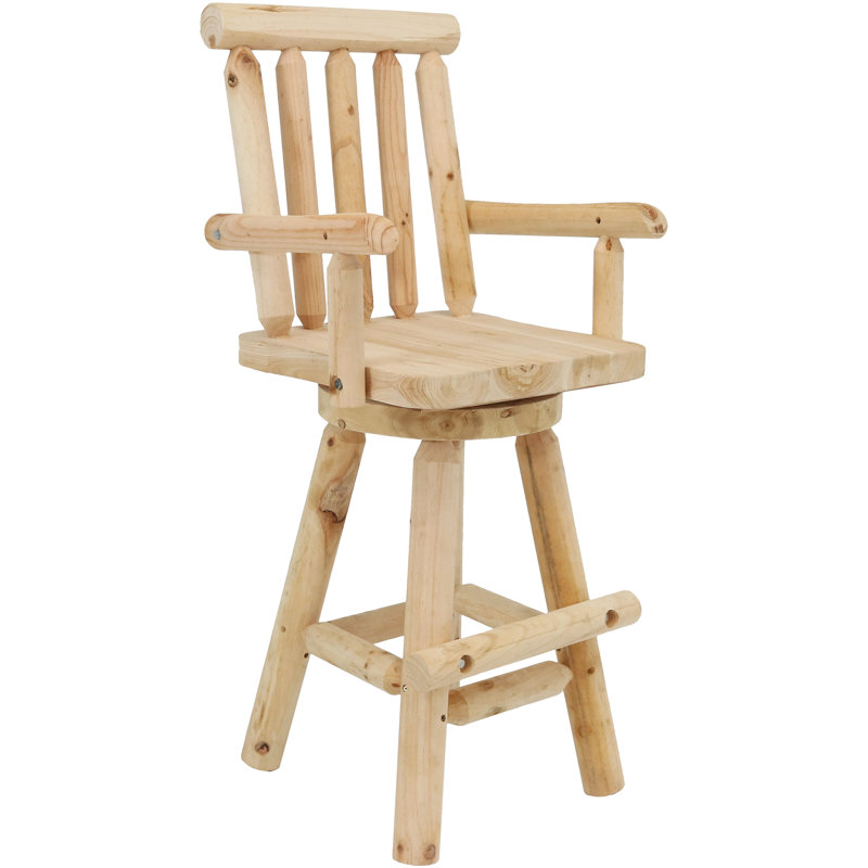 Natural Fir Wood Rustic Swivel Bar Stool with Armrests