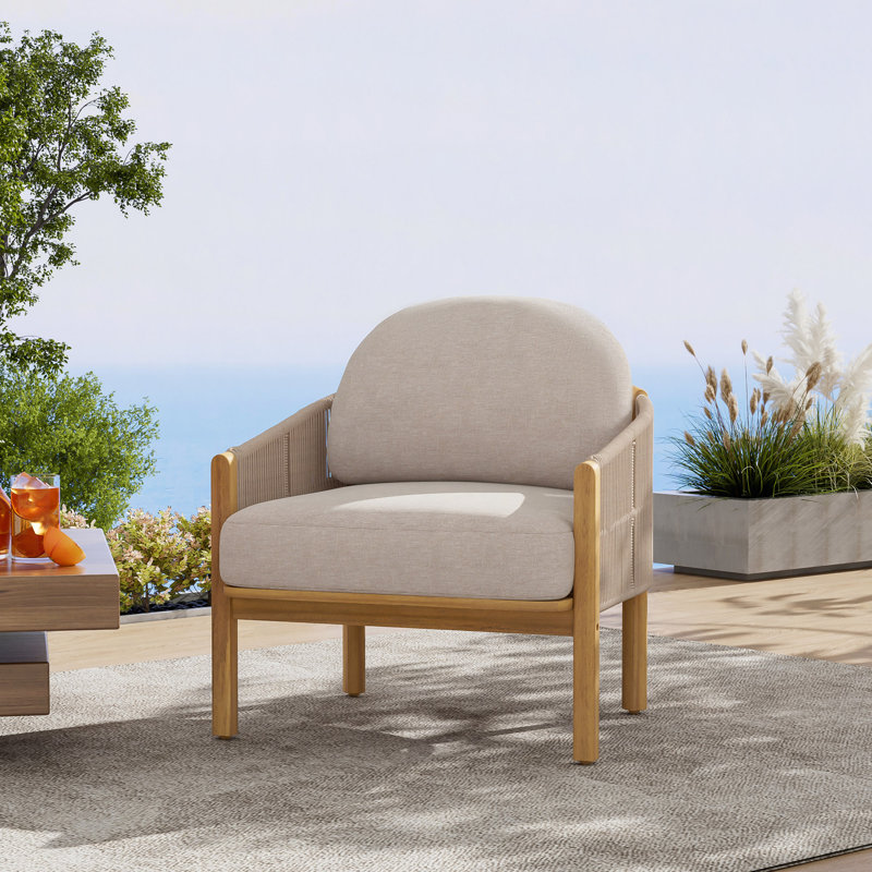 Fauteuil club d'extérieur en bois avec coussin, Coussin beige/couleur beige