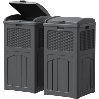Devoko 32 Gallon Set of 2 Outdoor Plastic Trash Cans, Waterproof Manual Lift Trash Hideaway Container