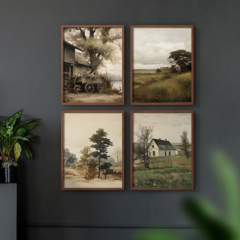 «Vintage Landscape VIII», 4 pièces sur papier, H 14 po x l 11 po, Noyer