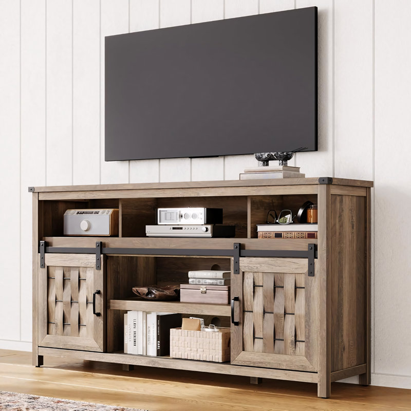 60" TV Stand with Sliding Barn Doors & Adjustable Shelves (Fits 65" TVs), Light Brown