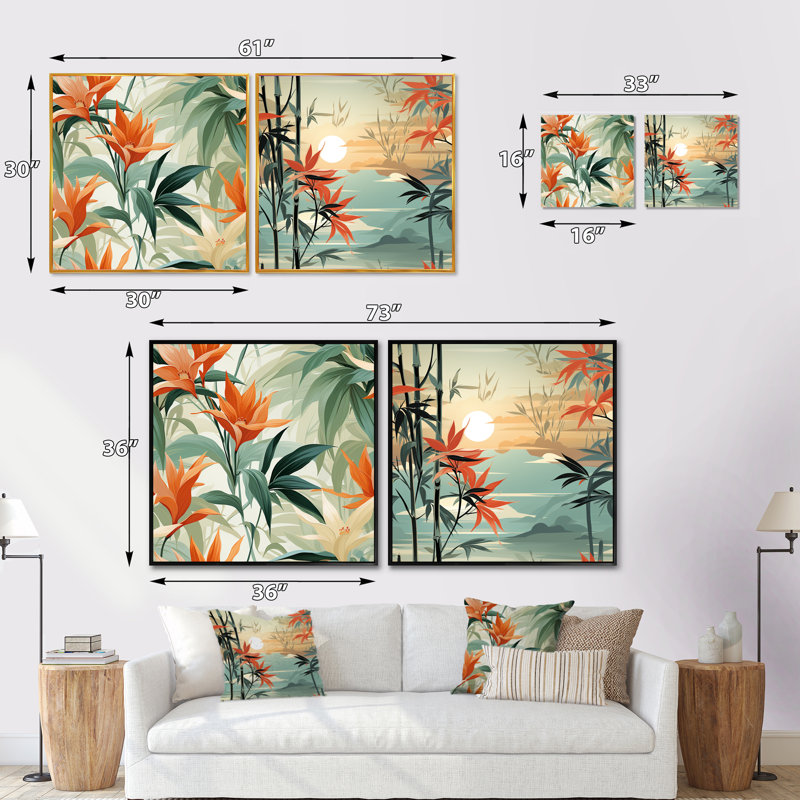 Armine - Ensemble de 2 collages carrés tropicaux, Cadre flottant doré, H 30 po x l 61 po