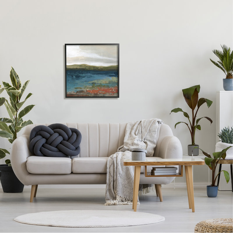 Étang, rivage vert, paysage montagneux moderne, estampe numérique, art texturé par Carol Robinson, Noir