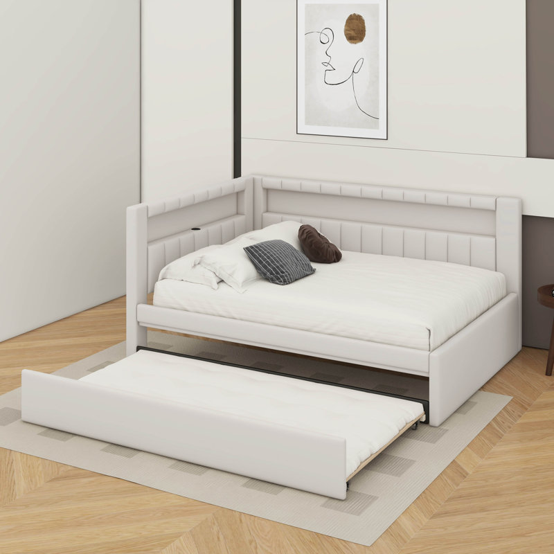 Full Size Platform Bed With USB Ports And Trundle, White