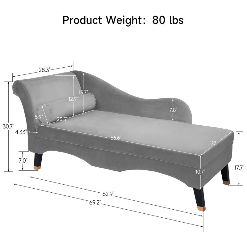Chaise longue rembourrée Kayzia, Velours gris