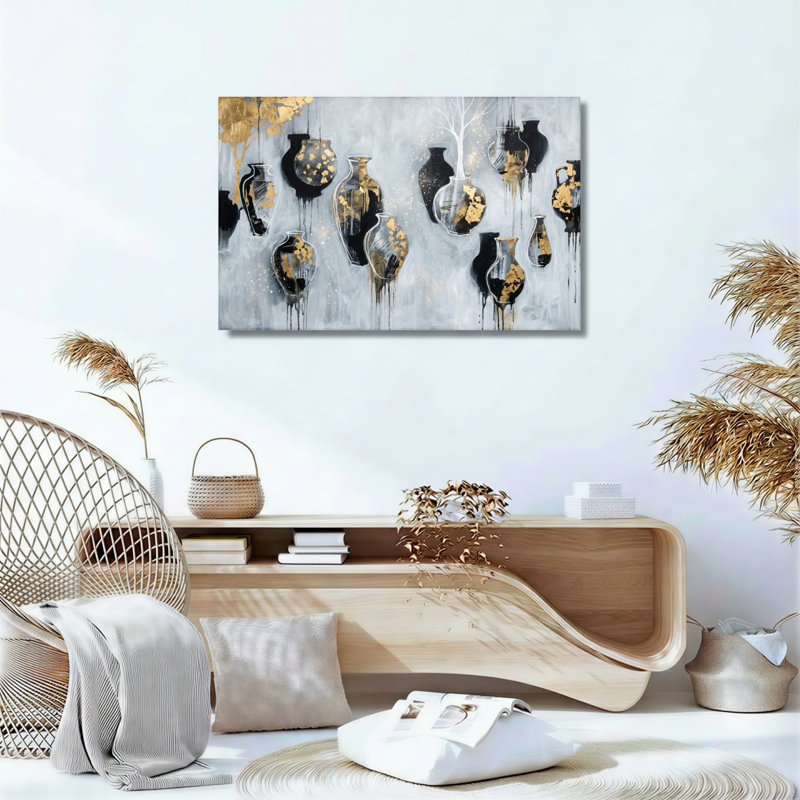 Ensemble de 1 tableau abstrait sur toile représentant des vases, 24"H x 36"W, Toile tendue
