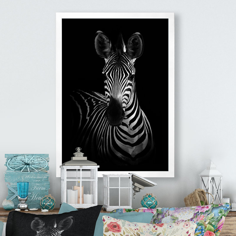 Zèbre en noir et blanc - reproduction d'art sur toile, H 20 po x l 12 po x P 1 po, Cadre photo blanc