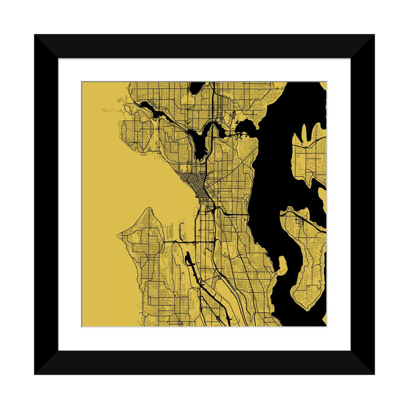 « seattle routes », impression sur toile tendue, H 16 po x l 16 po x P 1 po, Papier d'art encadré noir, Blanc