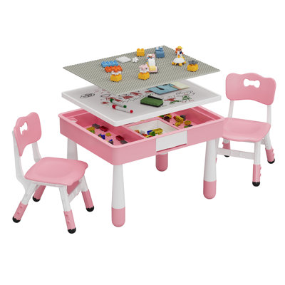 Ensemble de table d'activités pour enfants 4 en 1 - Bloc de construction double face et plateau de table à dessin - Chaises à hauteur réglable - Bureau polyvalent pour tout-petits de 3 à 10 ans - Idéal pour jouer, étudier, manger, lire