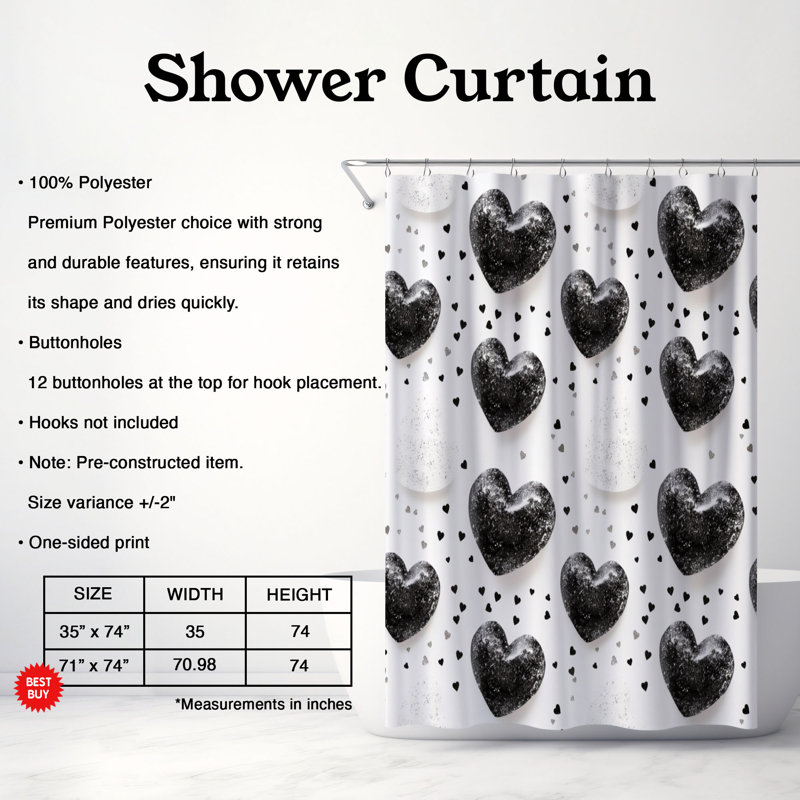 Rideau de douche B&W Heart - Premium, H 74 po x l 71 po