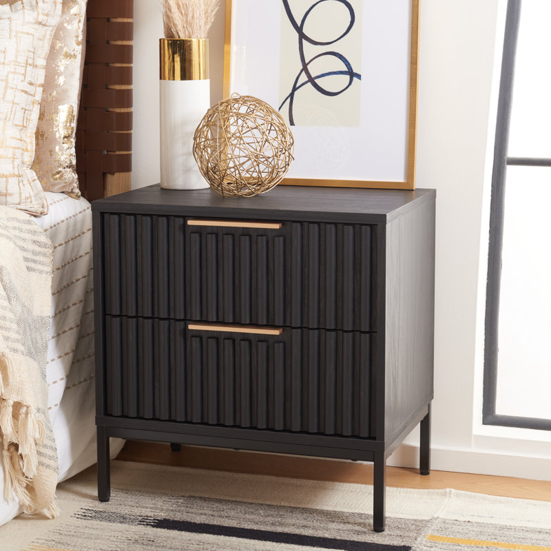 Black Veneer 2-Drawer Nightstand with Gold Handles