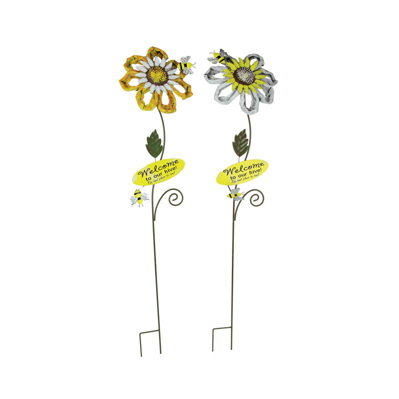 Ensemble de 2 piquets de jardin en tournesol en métal blanc et jaune Lacharite