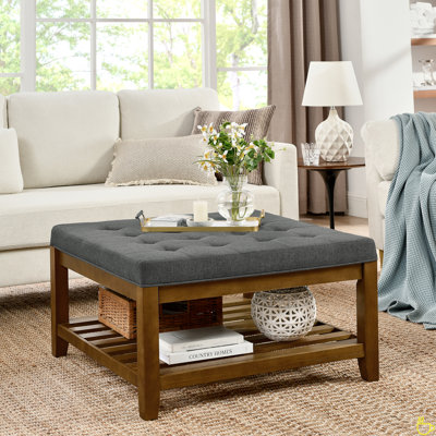 Upholstered Coffee Table Tufted Linen Large Square Ottoman With Beech Wood Shelf And Frame, Oversized Footrest Ottoman