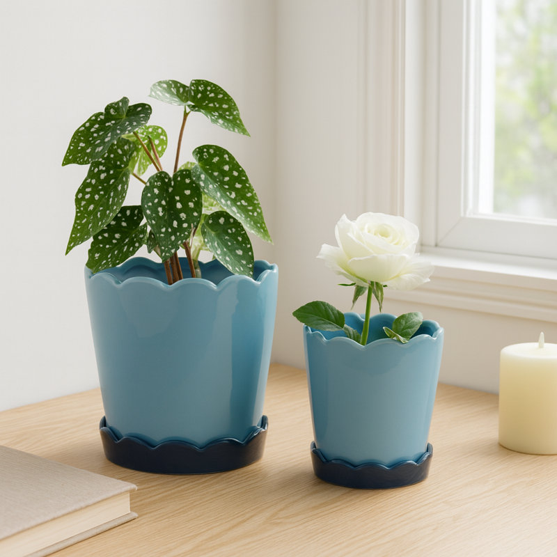 Decorative Glazed Planters With Saucers for Indoor & Outdoor Patio Use -  Scalloped Flower Pots Home  Accent for Living Room Decor - Set Of 2, 8", 7"