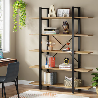 Industrial 5-Tier Bookcase, Metal Frame Open Shelf With X-Back Design, 71" Tall Storage Shelves For Living Room, Home Office