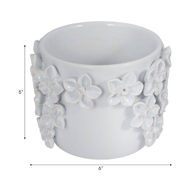 Sagebrook Home 7" Floral Applique Planter, White, White, 5" H x 6" W x 6" D