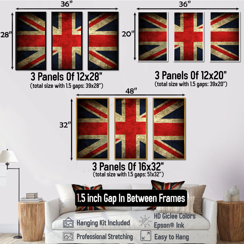 «Vintage UK Flag», ensemble de 3 reproductions d'art sur toile encadrées, L 36 po x H 28 po, Noir