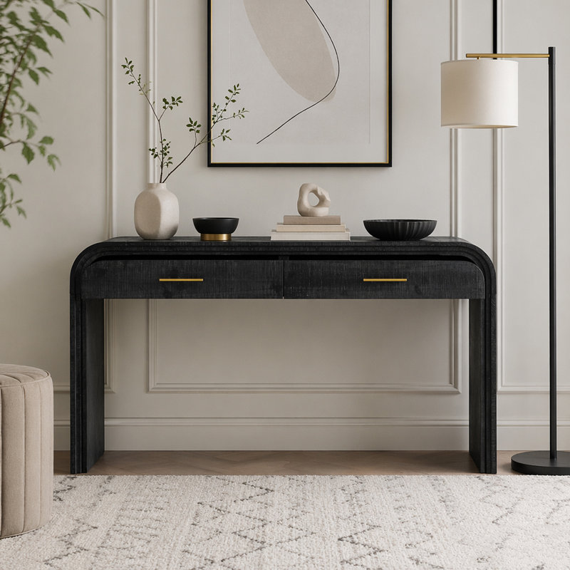 Console à silhouette rétro unique avec deux tiroirs supérieurs, Antique Black