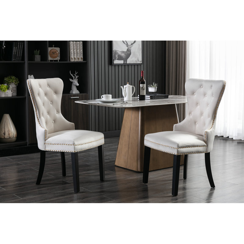 Chaise de salle à manger en velours avec pieds en bois d'hévéa Gislene, Velours crème, Noir