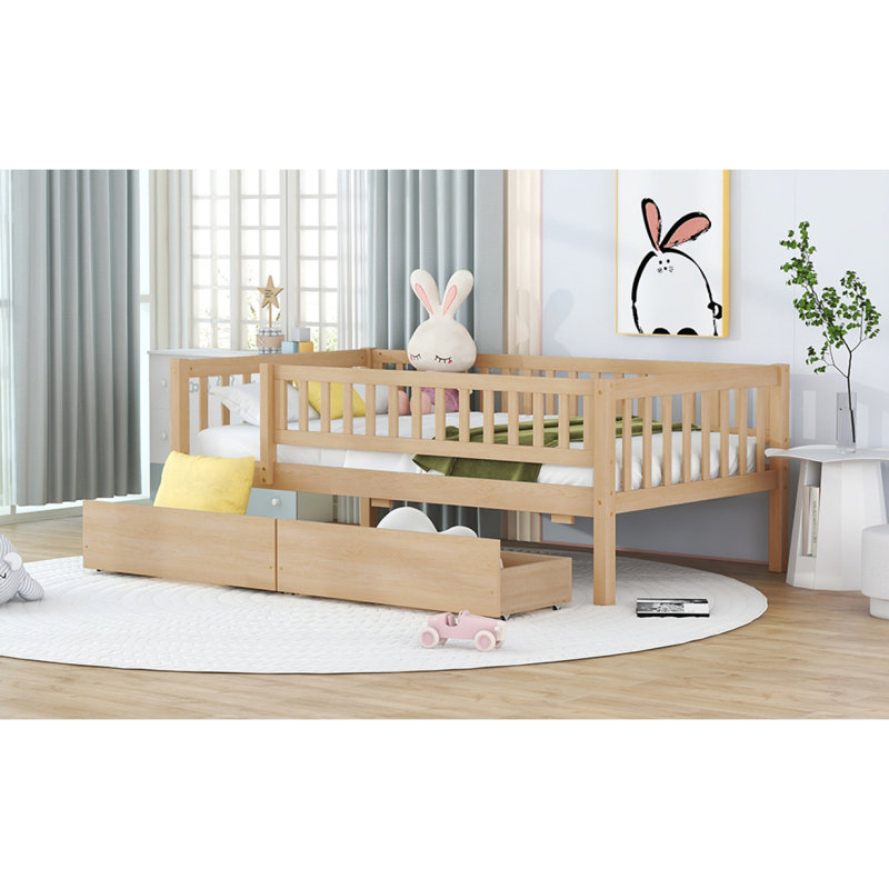Lit de jour simple en bois avec deux tiroirs, naturel