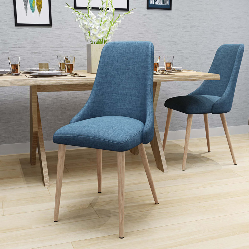 Ensemble de 2 chaises de salle à manger sans accoudoirs Mid-Century Nafisha, Bleu, Noyer naturel