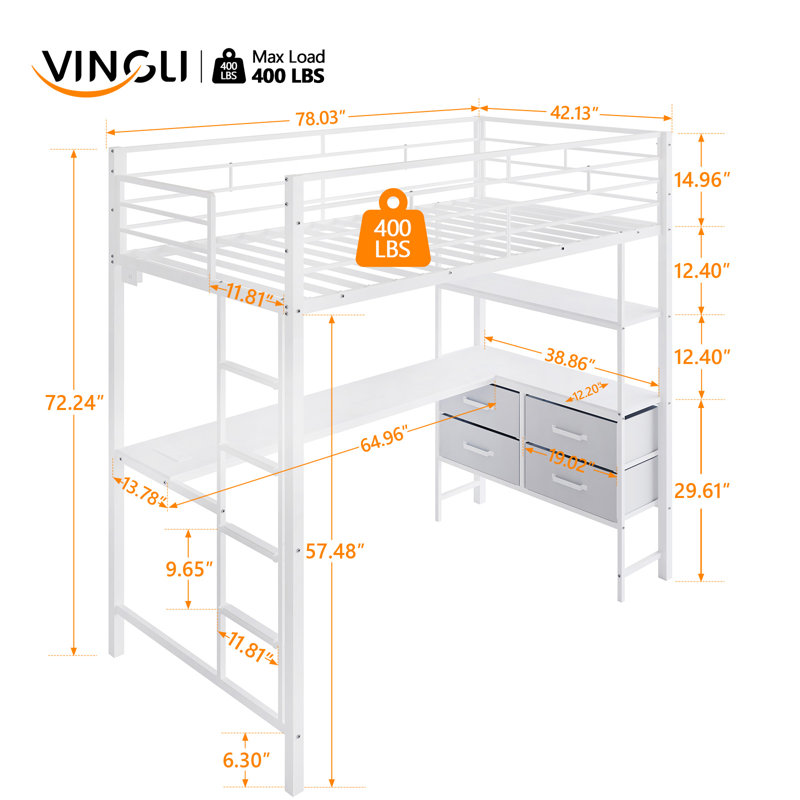 Structure de lit mezzanine en métal avec barrière de sécurité de 15 po, échelle antidérapante, 2 stations de charge, bureau en L, tablette de rangement, 4 tiroirs, lumières DEL